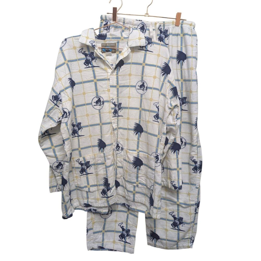 Vintage PJ Salvage Flannel Pajamas With Cowboy Motif Size Large 100% Cotton USA